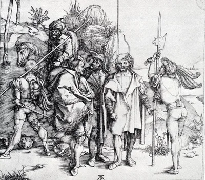 Five Lansquenets And An Oriental On Horseback by Albrecht Durer