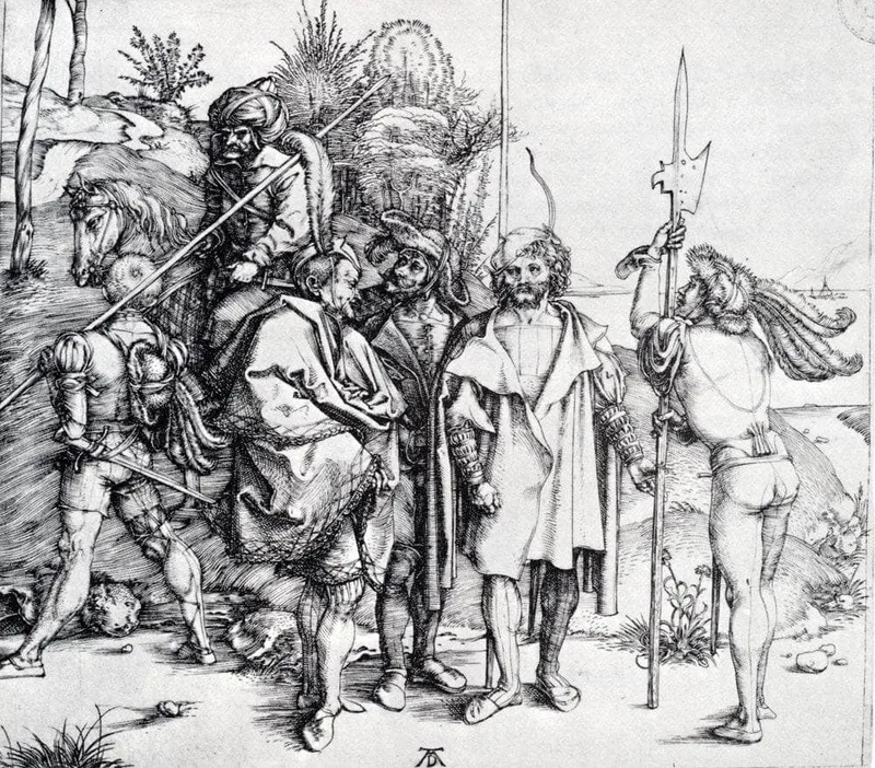 Five Lansquenets And An Oriental On Horseback by Albrecht Durer, 1495