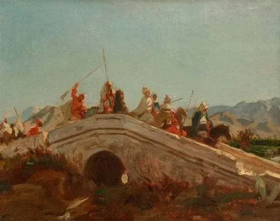 Arab horsemen on a bridge by Alfred Dehodencq