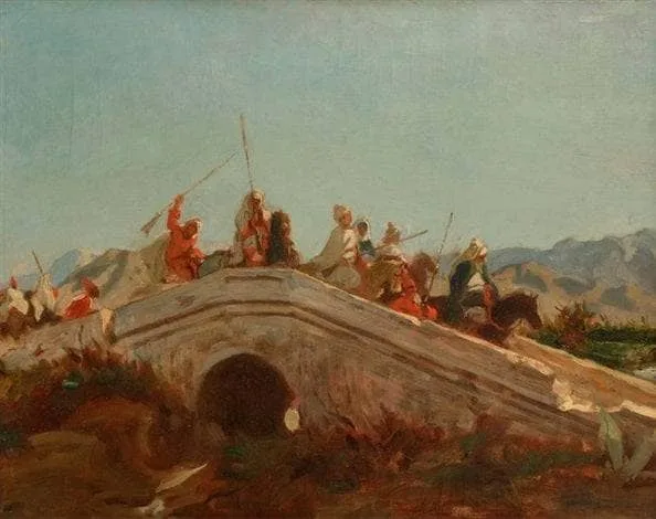 Arab horsemen on a bridge by Alfred Dehodencq