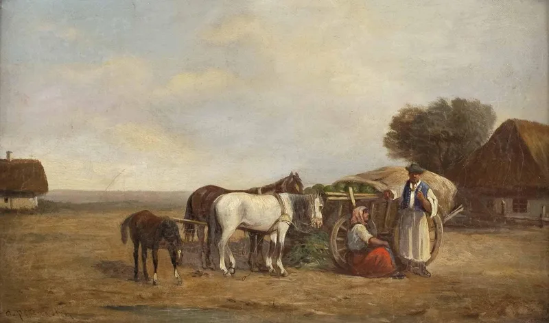 Hungarian Farmers with Wagon by August von Pettenkofen