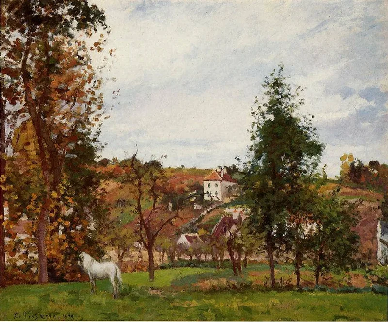 Landscape With A White Horse In A Field, L’Ermitage by Camille Pissarro, 1872