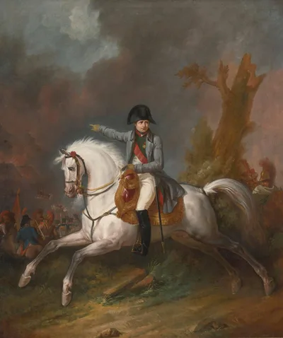 An Equestrian Portrait of Napoleon with a Battle Beyond by Carle Vernet