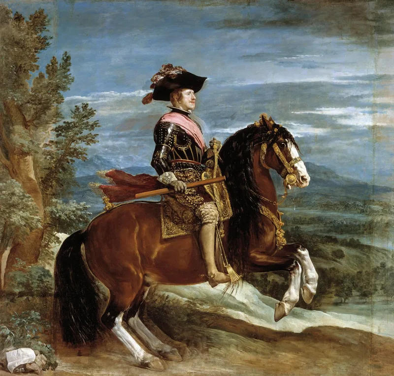 A bay horse rears on a rocky rise, both forelegs lifted clear of the ground and bent at the knee, the hind legs planted and taking the whole weight. The king sits upright in gilded armour with a pink sash, holding a baton, against a blue sky and distant mountains.