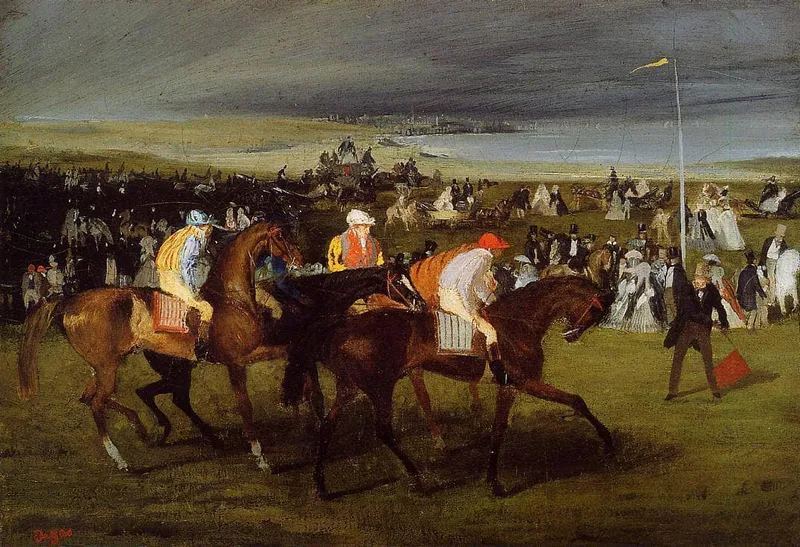 Four racehorses with jockeys in coloured silks move from right to left across a wide green course under a dark sky. The horse at the far left lifts its near foreleg, bent high at the knee; the others keep hooves on the grass. Crowds, carriages and a man in a top hat holding a red flag fill the ground behind them.