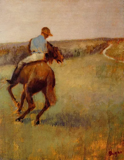 Jockey in Blue on a Chestnut Horse by Edgar Degas