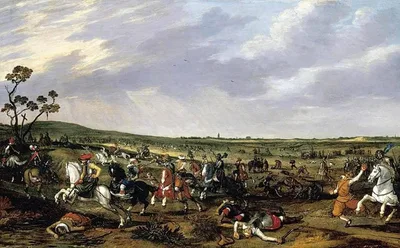Battle scene in an open landscape by Esaias van de Velde
