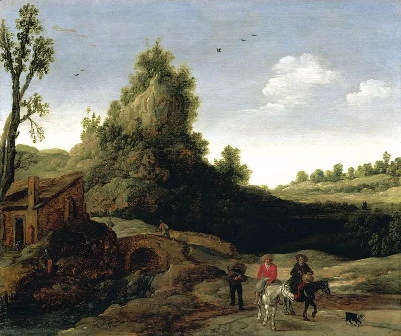 A landscape with travellers crossing a bridge before a small dwelling by Esaias van de Velde