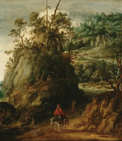 Mountainous landscape with traveller by Esaias van de Velde