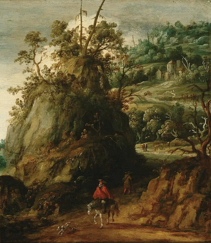 Mountainous landscape with traveller by Esaias van de Velde, 1620