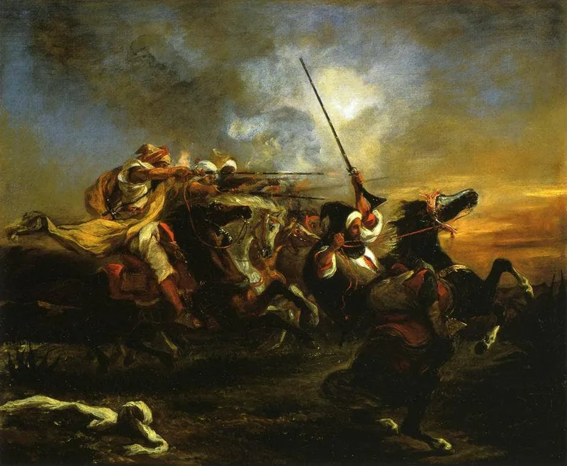 Moroccan horsemen in military action by Eugene Delacroix, 1832