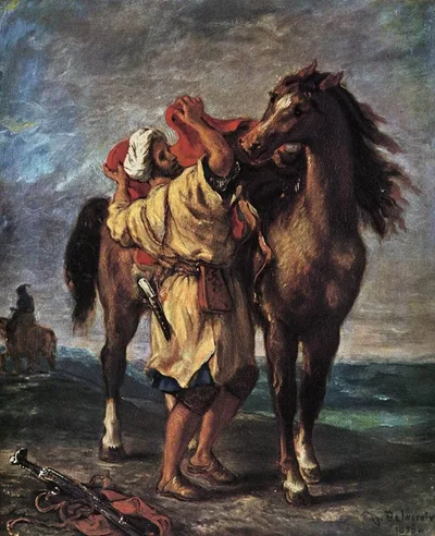 A Moroccan Saddling a Horse by Eugene Delacroix