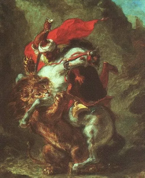 Arab Horseman Attacked by Lion by Eugene Delacroix, 1850