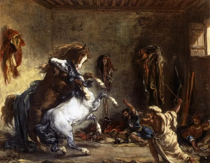 Arab Horses Fighting in a Stable by Eugene Delacroix, 1860