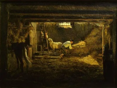 Interior of a stable, foreshortened horse and figures - Sun reflections by Filippo Palizzi