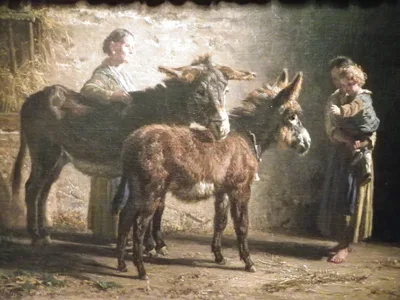 Stable with two donkeys and three figures by Filippo Palizzi
