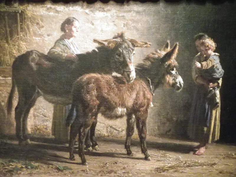 Stable with two donkeys and three figures by Filippo Palizzi, 1871