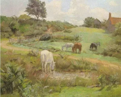 Horses grazing in a Normandy landscape by Frank O"Meara