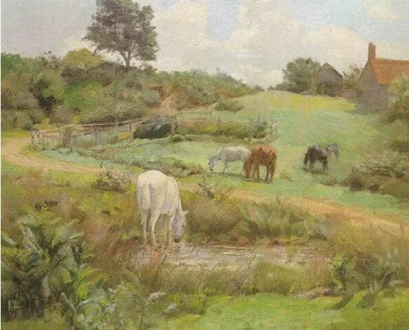 Horses grazing in a Normandy landscape by Frank O"Meara