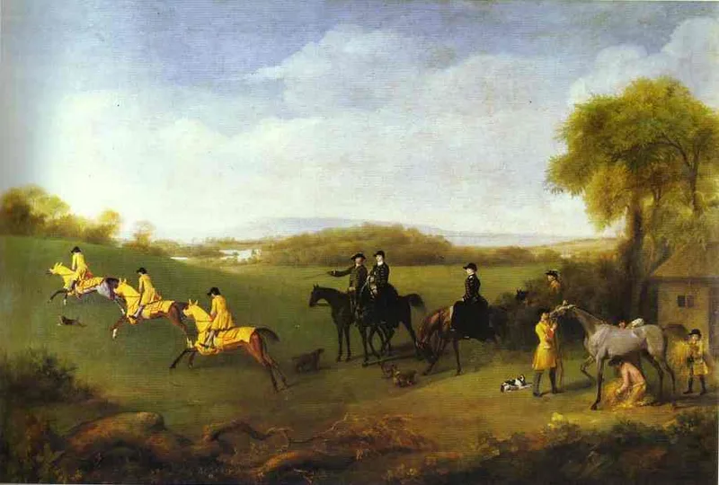 A wide green landscape. Three racehorses ridden by figures in yellow livery gallop at the left, three mounted figures in dark coats stop and talk in the centre, and at the right two attendants rub down a grey horse beside farm buildings. Dogs run on the grass between them.