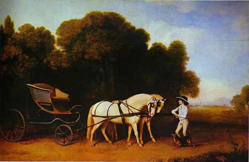 Park Phaeton with a Pair of Cream Pontes in Charge of a Stable Lad with a Dog by George Stubbs, 1785