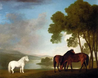 Two Bay Mares And a Grey Pony In a Landscape by George Stubbs
