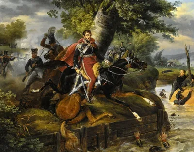 Death of Prince Poniatowski during the retreat after the Battle of Leipzig, October 19, 1813 by Horace Vernet