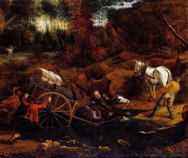 Figures With A Cart And Horses Fording A Stream by Jan Siberechts