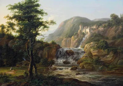 Mountain landscape with waterfall, castle and traveler on horseback in front of a hut by Johan Christian Dahl