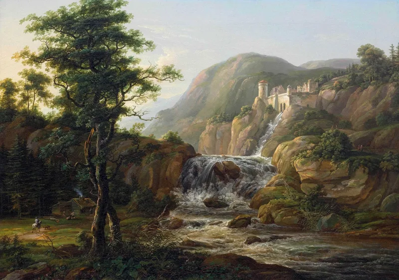 Mountain landscape with waterfall, castle and traveler on horseback in front of a hut by Johan Christian Dahl, 1816