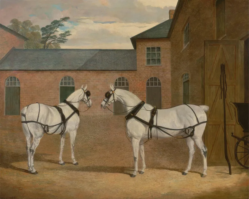 Grey carriage horses in the coachyard at Putteridge Bury, Hertfordshire by John Frederick Herring Sr., 1838