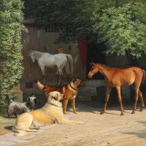 Morning At The Stable Door. While the colt is being dressed, the foal makes acquaintance. by Jørgen Sonne