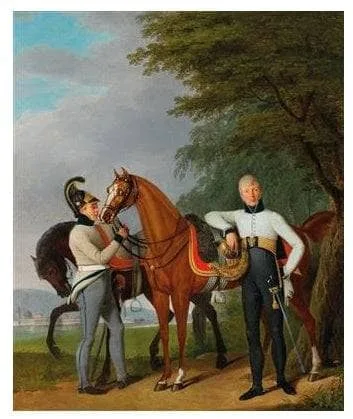 Major of Austria's second Dragoon regiment Valentin Josef von Veigel standing next to his horse and batman by Joseph Kreutzinger, 1808
