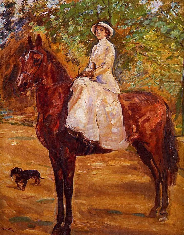 Lady in White Dress on Horseback Riding by Max Slevogt