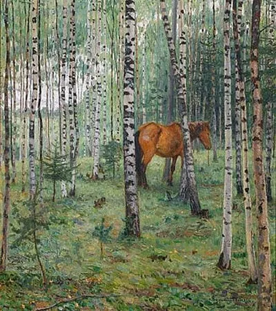 Horse between Birches by Nikolay Bogdanov-Belsky