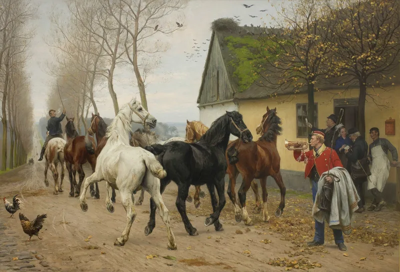 A String of Horses Outside An Inn by Otto Bache, 1878
