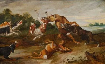Hunting dogs fighting for a doe by Paul de Vos
