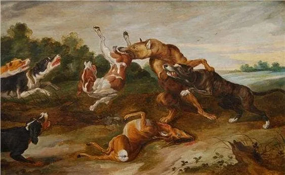 Hunting dogs fighting for a doe by Paul de Vos