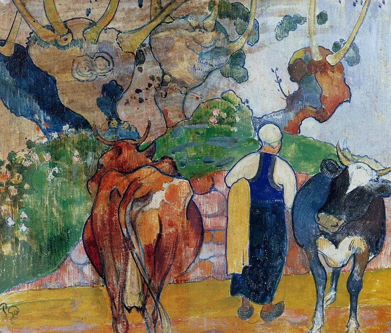 Peasant Woman and Cows in a Landscape by Paul Gauguin, 1890
