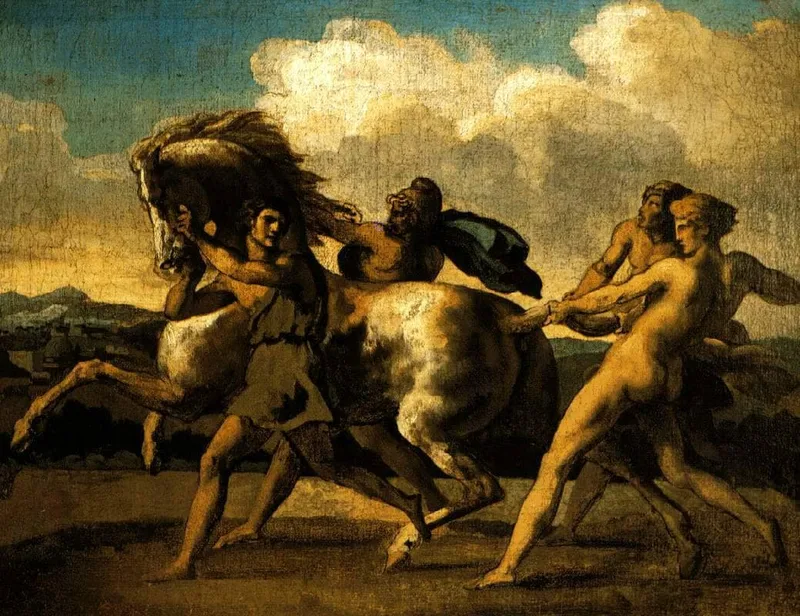 Slaves stopping a horse, study for  The Race of the Barbarian Horses by Théodore Géricault, 1817