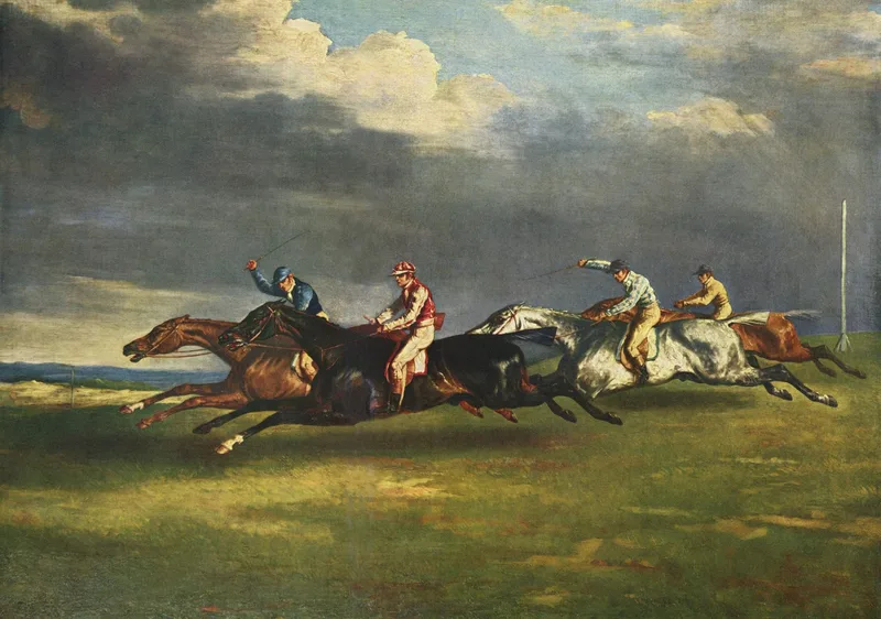 Four racehorses at full stretch across a green course, forelegs thrown forward and hind legs thrown back at the same moment so that no hoof touches the ground. Jockeys in blue, red, green and yellow silks crouch low with whips raised under a heavy grey sky.