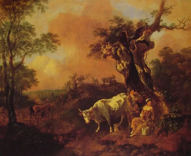 Landscape with a Woodcutter and Milkmaid by Thomas Gainsborough, 1755