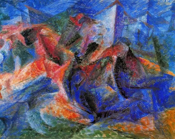 Horse+Rider+Houses by Umberto Boccioni, 1914