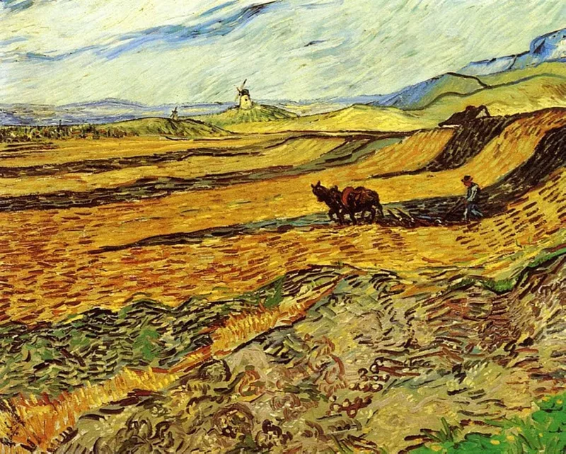 Field and Ploughman and Mill by Vincent van Gogh, 1889